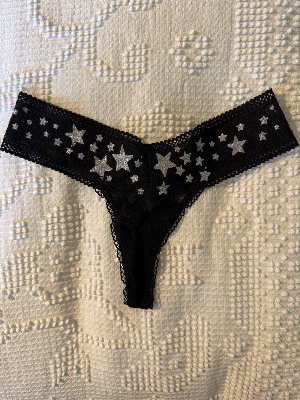 Black Lace Thong with Silver Star Accents